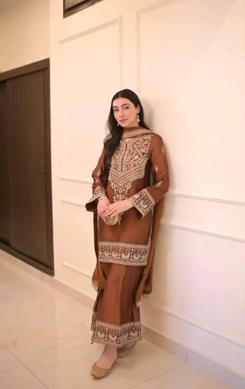 New Partywear Natural Crepe Embroidery Kurta With Designer Plazzo Set