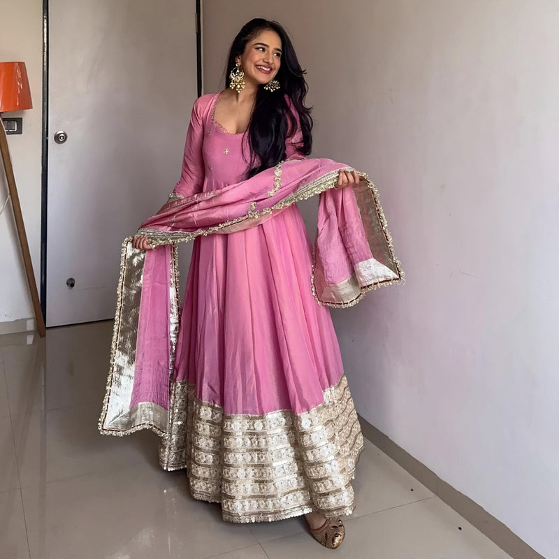 Prachi's Pink Vichitra Silk Anarkali Suit Set
